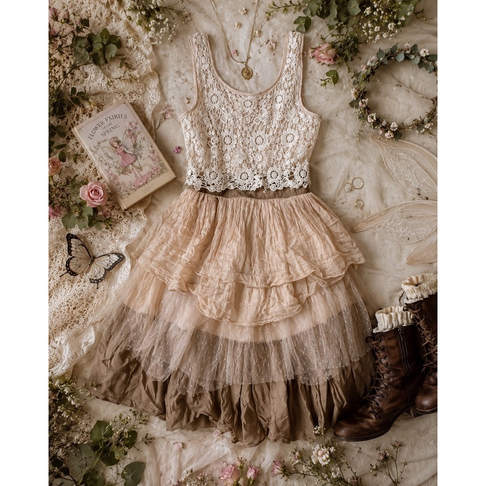 Ryu Crochet Lace Tiered Ruffle Mini Dress Tan Peach Fairycore Boho Womens Medium